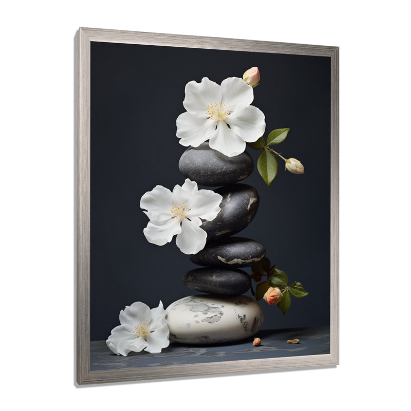 Décoration murale zen sérénité fleurs blanches pierre noire Cairn I - Pierre spirituelle, H 20 po x l 12 po x P 1 po