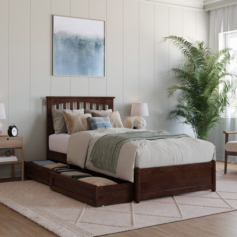 Asparas Solid Wood Storage Platform Bed with Footboard and Under Bed Drawers, Extra-Long Twin, Walnut