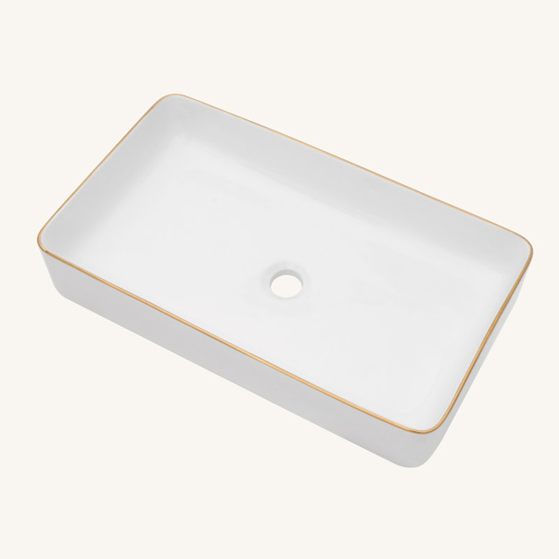 White Ceramic Rectangular Vessel Bathroom Sink, White/Gold