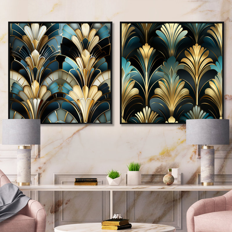 Emerald And White Damask Art Deco - Abstract Botanicals Square Collage Set Of 2, Black Floater Framed, 16" H x 33" W