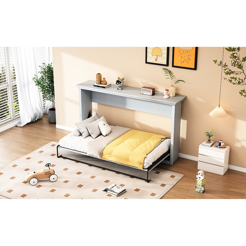 Lit armoire simple, gris, stable et pliable, optimisant l'espace