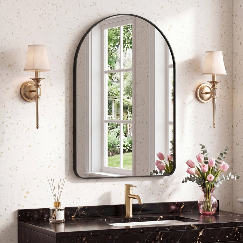 Contemporary Arched Wall Mounted Bathroom Vanity Mirror with Aluminum Alloy Frame, 36" x 24", Black