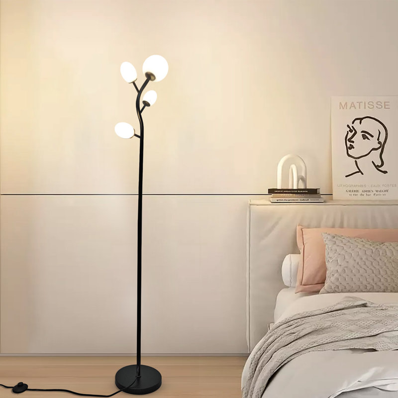 Lampe sur pied à DEL moderne avec abat-jour en verre givré, Noir