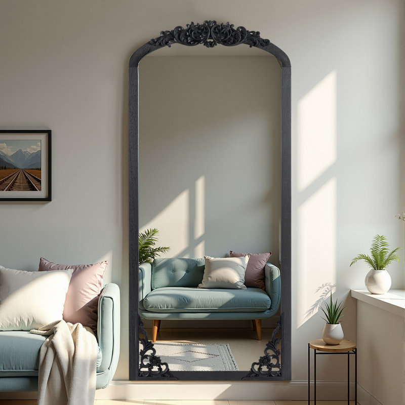 Miroir rétro avec cadre sculpté, Noir, noir, noir, noir, 69 po x 30 po