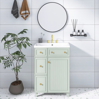 24 pouces Meuble-lavabo sur pied vert avec lavabo simple en céramique |  1 porte et 2 tiroirs |  Peinture de haute qualité | Idéal pour les petites salles de bain