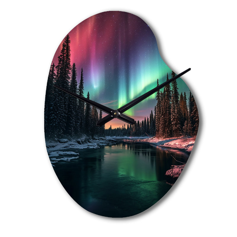 Yukon Northern Lights Beauty IV - Canada Asymmetrical Metal Wall Clock, Green Unique Shape Clock Print, Petit