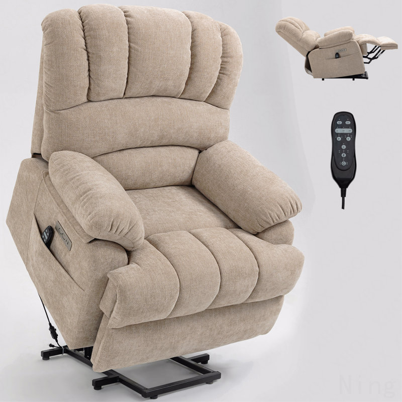 Beige Chenille Power Lift Recliner - 23" Seat, 8-Point Massage, Lumbar Heating, High Back, Beige