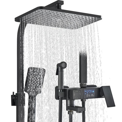 Black LED Exposed Bathroom Shower Mixer Twin Head Large Bar Set Square Valve Tap