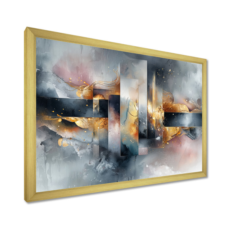 «Geometric Ink Pulse III - Constructivism», art mural, Cadre simple, H 34 po x l 44 po, Doré