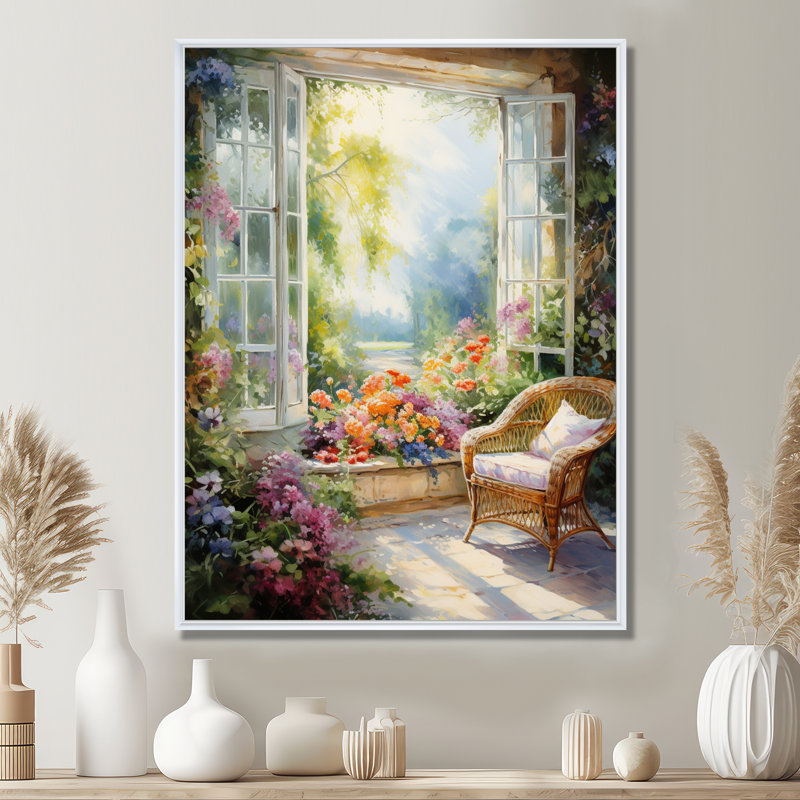 Orange et vert, fenêtre française vue III - fenêtre, art mural sur toile, Cadre flottant blanc, H 32 po x l 24 po x P 1 po