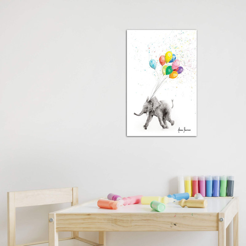 «The Elephant and the Ballons» par Ashvin Harrison - reproduction d'art, Toile tendue, H 18 po x l 12 po x 1,5 po