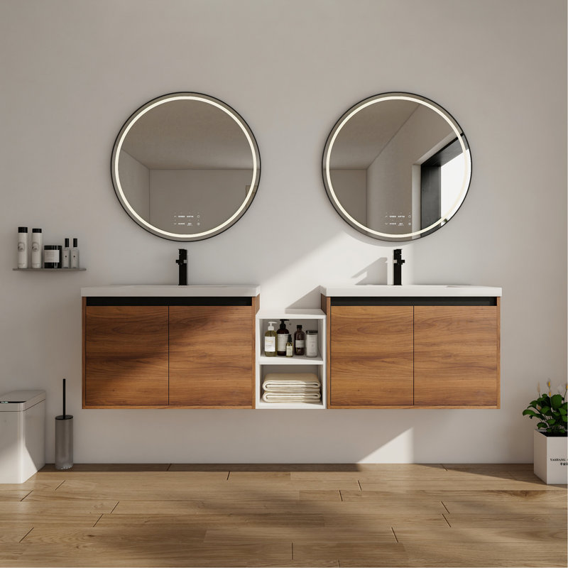 72 Inch Wall Mounted Bathroom Vanity with Resin Countertop Sink, and 1-Storage Shelves Combination, 4-Soft Closing Doors (KD-Packing)