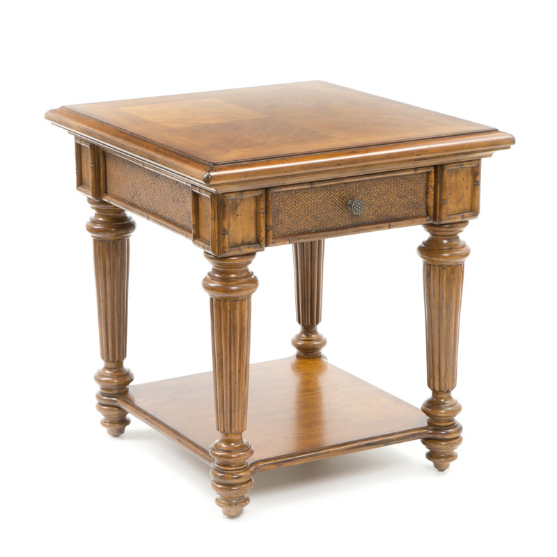 Traditional Brown Wood and Rattan Square End Table with Drawer
