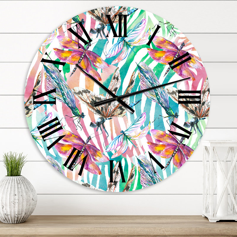 Libellule exotique sur fond tropical - horloge murale bohémienne et éclectique, Petit