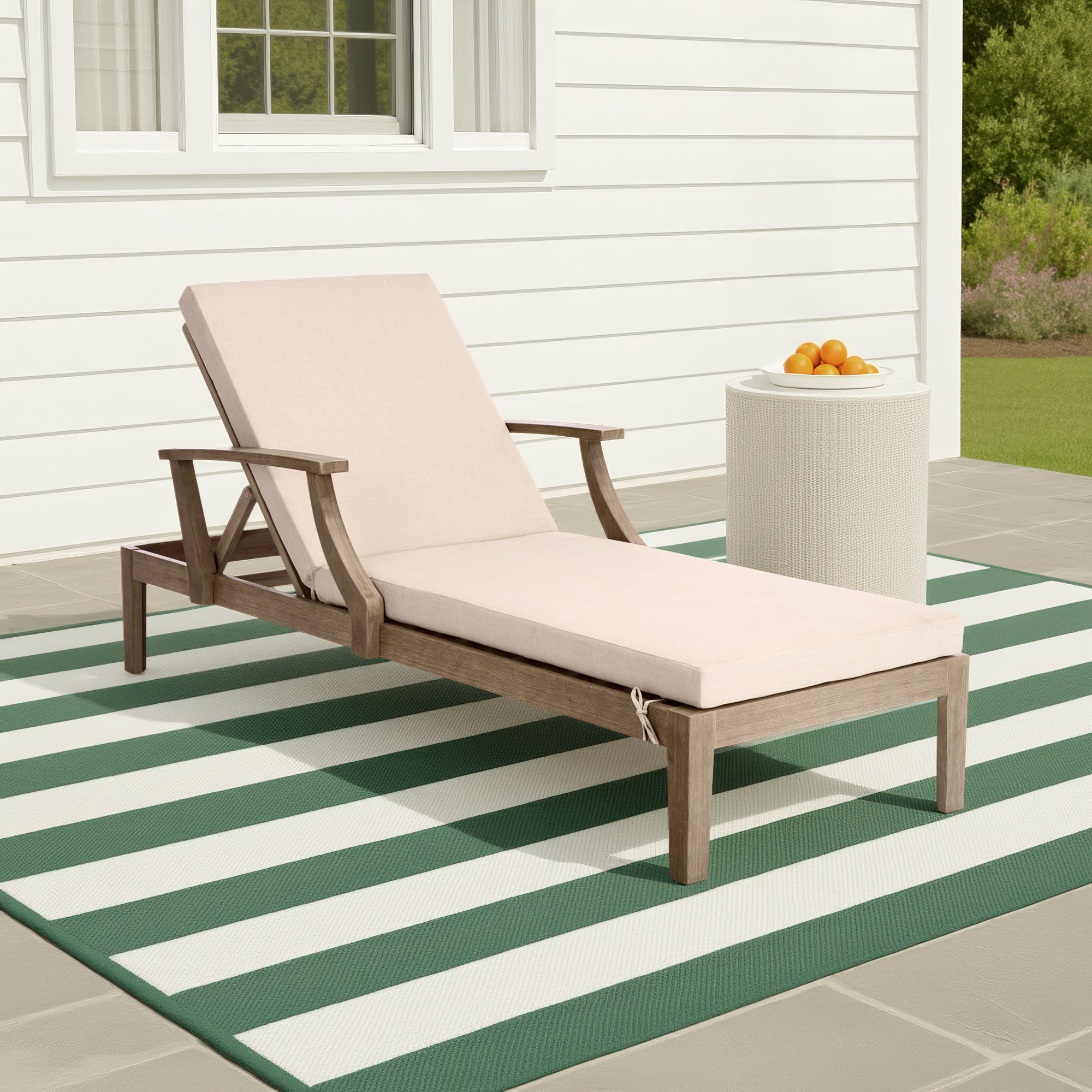 Clairmont Patio Chaise Lounge, Beige Cushion/Natural Wood Frame