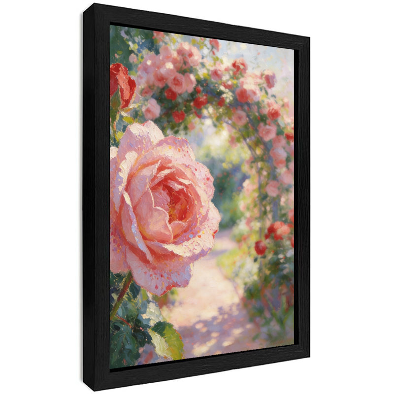 «Black» encadrée porte rétro envahie de roses menant au jardin, impression sur toile impressionniste, H 17 po x l 13 po