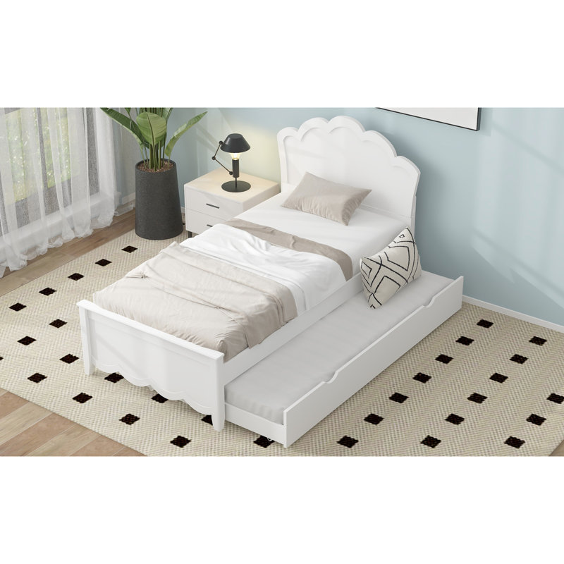 Lit simple en bois blanc avec tête de lit et lit gigogne pratique, Lit simple