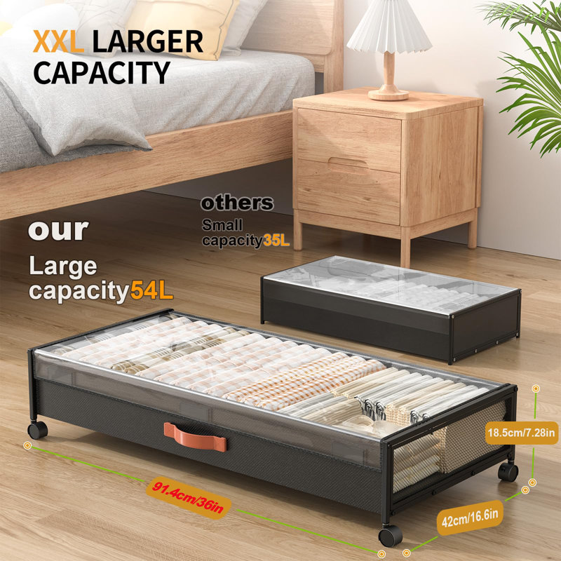 Under Bed Storage With Wheels, 54L XXL Larger Under Bed Storage Containers With Clear Lids, 36'' Lengthen Under Bed Shoe Organizer