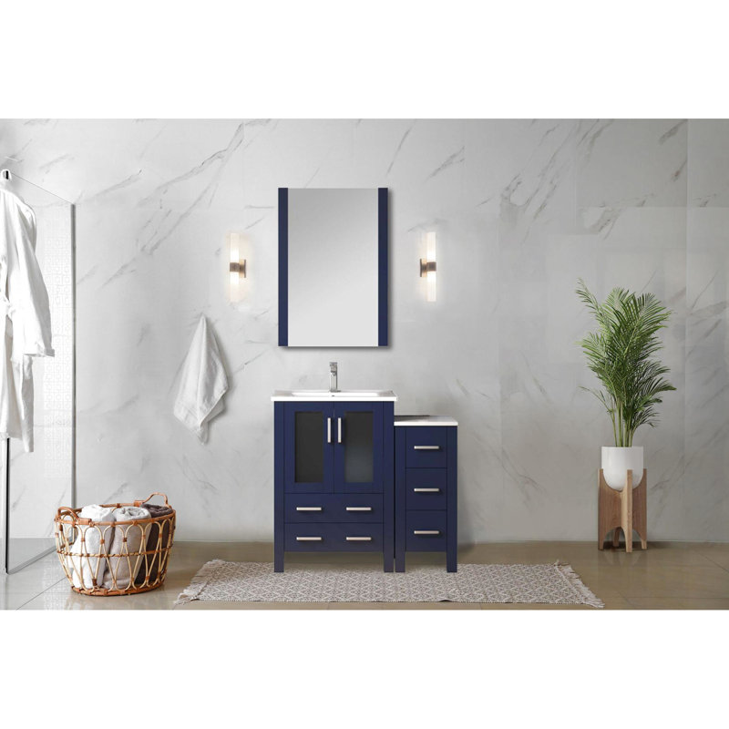 Bleu marine 36 po Large meuble-lavabo simple avec armoire latérale, comptoir en céramique et surface en bleu, fermeture en douceur, plateau blanc