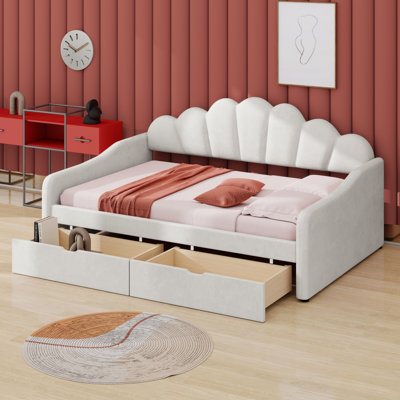 Upholstery Daybed Frame With Shell-Shaped Backrest, 2 Drawers