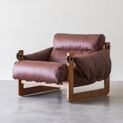 La chaise de loisirs en bois massif de style rétro rembourrée de coton soyeux est recouverte de cuir souple, idéale pour le salon, la chambre à coucher et le balcon.