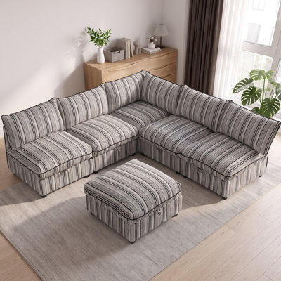 Canapé d'angle modulaire de 318 cm avec housses amovibles et rangement, canapé-lit 6 places en forme de L, canapés modernes en velours côtelé blanc pour salon, canapé d'angle convertible avec pouf et méridienne