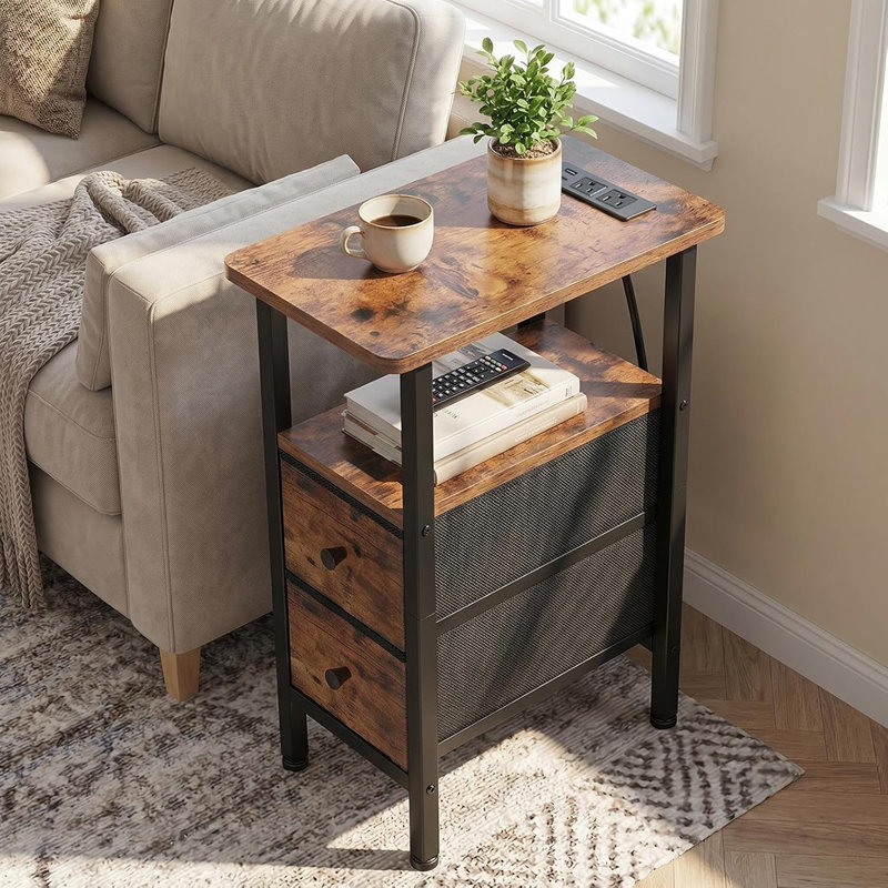 Ensemble de 2 tables d'appoint étroites avec station de recharge, tables de chevet minces avec tiroirs en tissu, tablette de rangement pour salon, chambre et petits espaces, brun