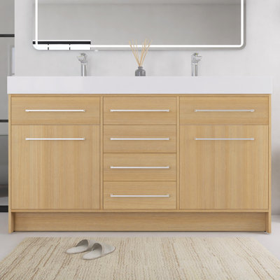 Meuble-lavabo autoportant de 60 po avec lavabo double en résine, 2 portes à fermeture douce et 6 tiroirs à fermeture douce