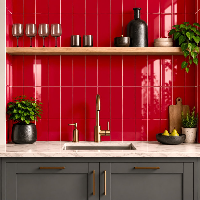 Color Beat Gloss 4" x 8" Ceramic Subway Tile, Cherry