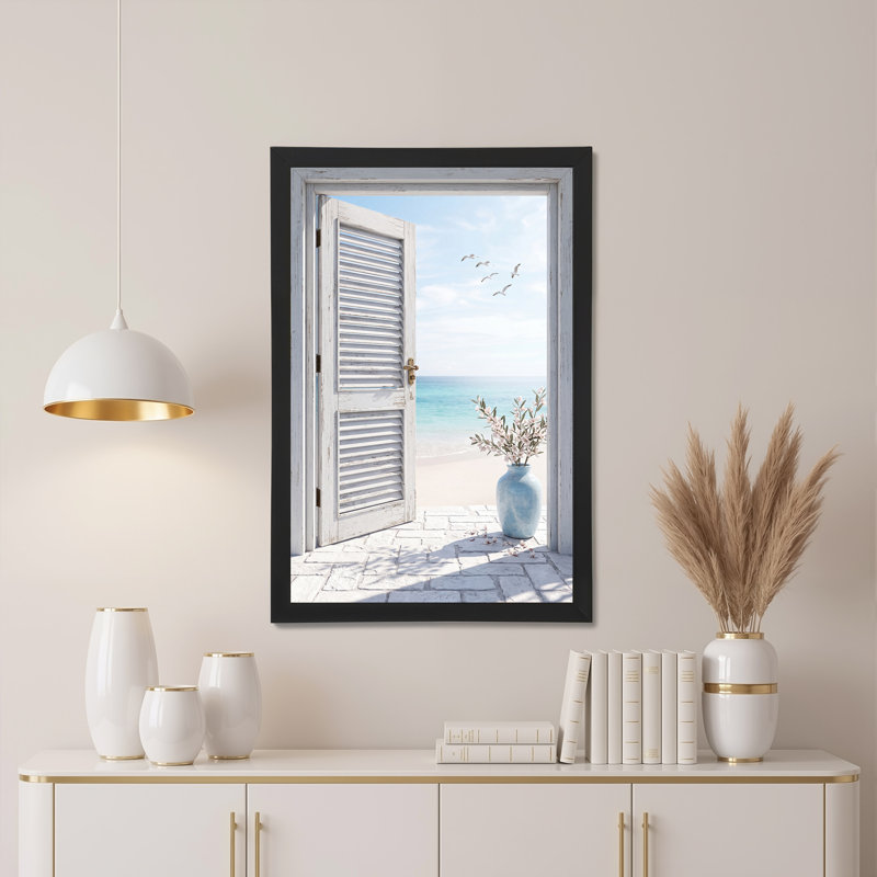 Toile blanche avec vue sur la porte de l'océan turquoise et les mouettes, 24"H x 16"W