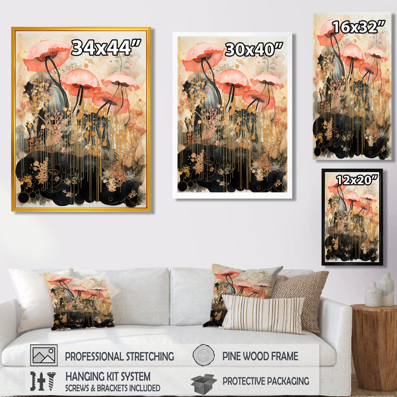 «Pink Jellyfish Vintage Collage», impression d'art mural méduse, Toile flottante blanche encadrée, H 40 po x l 30 po