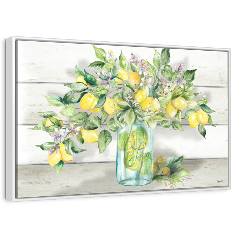 Aquarelle de citrons dans un pot Mason, Cadre flottant blanc, 37 po x 25 po