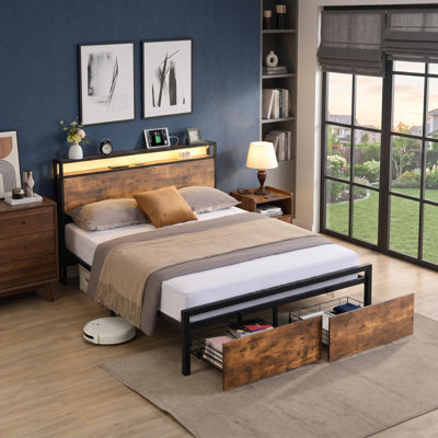 Full Size Bed Frame With Storage Headboard And 2 Drawers, Led Lights Bed With Charging Station, Metal Platform Bed No Noise, Mattress Foundation Strong