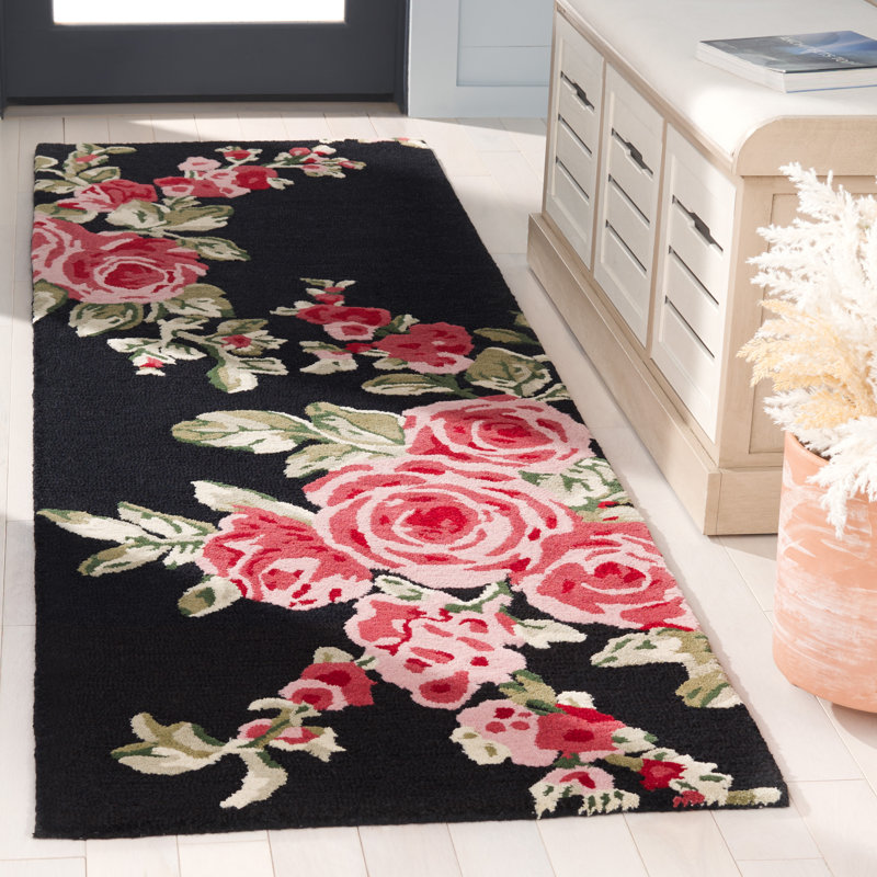 Jardin Hand Tufted Wool/Cotton Floral Rug in Pink/Black, Runner 2'3" x 8'