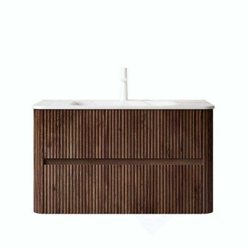 Meuble-lavabo de salle de bain, armoire de rangement flottante en contreplaqué à rayures avec 2 tiroirs, vasque rectangulaire intégrée en pierre frittée Carrara, pré-assemblée