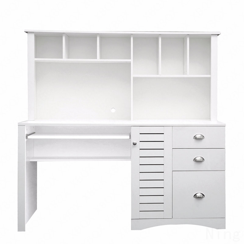 Home Office Computer Desk With Hutch, Antiqued White Finish
