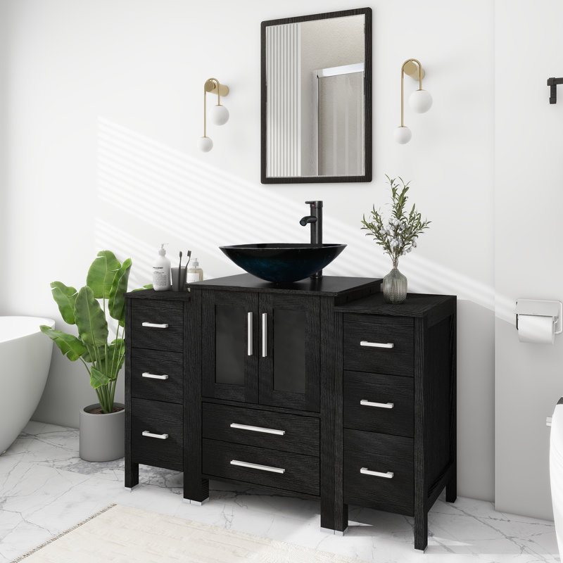 48" Single Bathroom Vanity Set with Glass Vessel Sink, Manufactured Wood Top, Water Saving Faucet, Black
