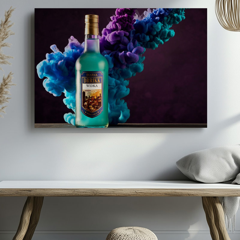 Toile, une bouteille brillamment illuminée de vodka turquoise qui attire l'attention sur un art mural, H 20 po x l 30 po