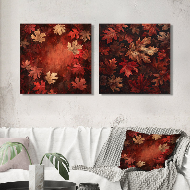 «Red Falling Maple Leaves I» - décoration murale feuilles - art mural traditionnel 2 pièces, Ne s’applique pas