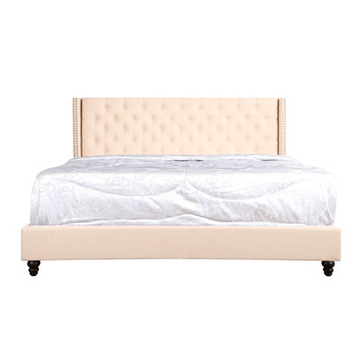 Très grand lit tapissier beige - Structure robuste pour une fonction stable, style élégant, classe 86 pi x 82 po x l 50 po, assemblage rapide, fiabilité, construction, sensation luxueuse et facilité.
