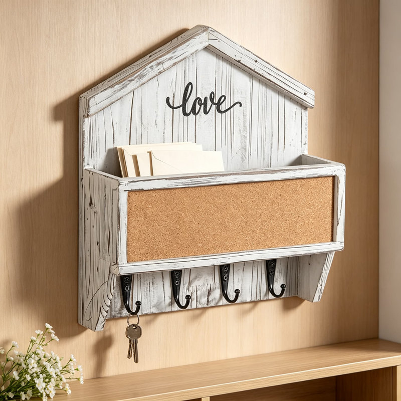 Porte-courrier mural et porte-clés rustique mural, organisateur flottant en bois avec rangement pour le courrier, crochets à clés et tableau d'affichage pour vestibule, vestibule, salon, bureau