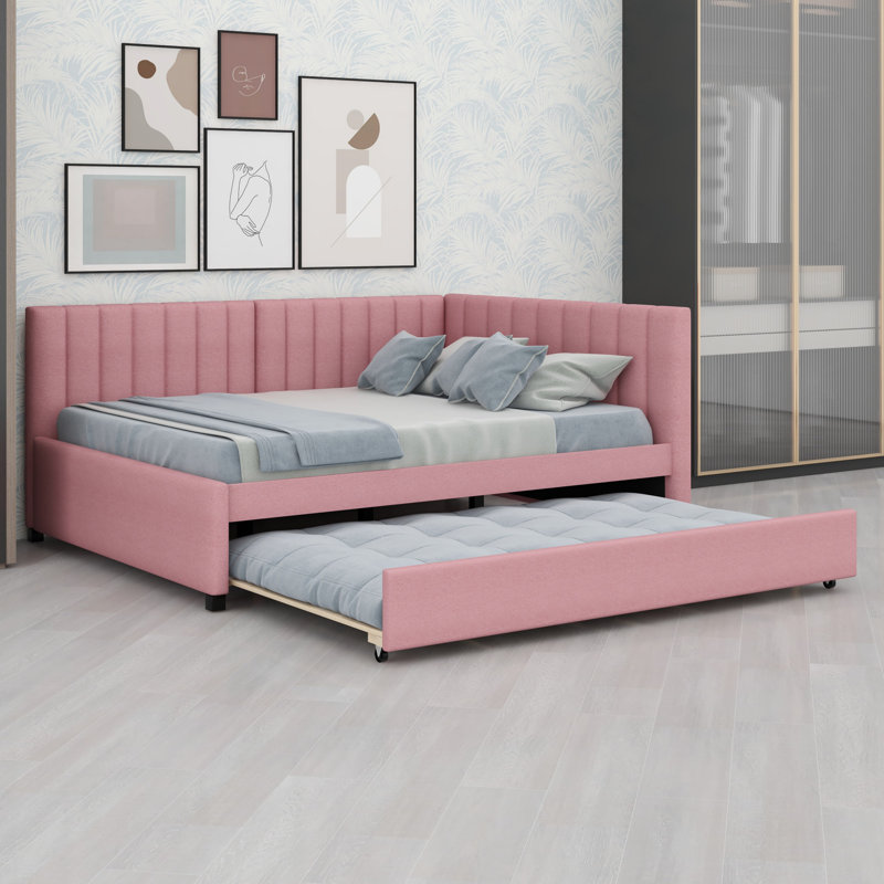 Modern Upholstered Daybed, Includes Trundle, Pink