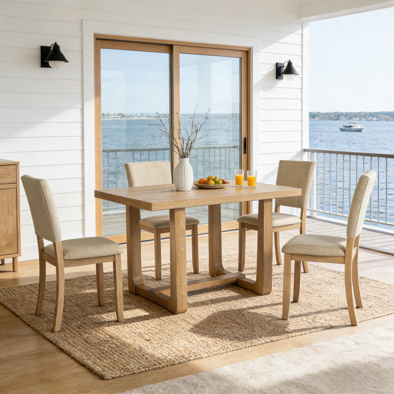 Modern 5-Piece Solid Wood Dining Table Sets For 4, Kitchen Table Set With 4 Upholstered Chairs, Beige, Natural