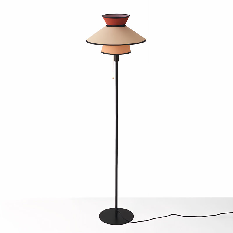 Mid-century Modern Floor Lamp With Fabric Dual Shade, Pull Chain Switch, Black Base – E26 Bulb Compatible