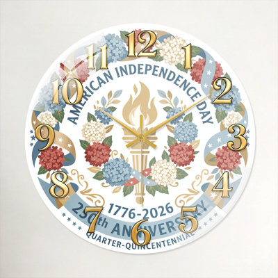 Floral Torch USA 250th Anniversary Merchandise Modern Decorated Glass Wall Clock Home Decor Art-23.6"