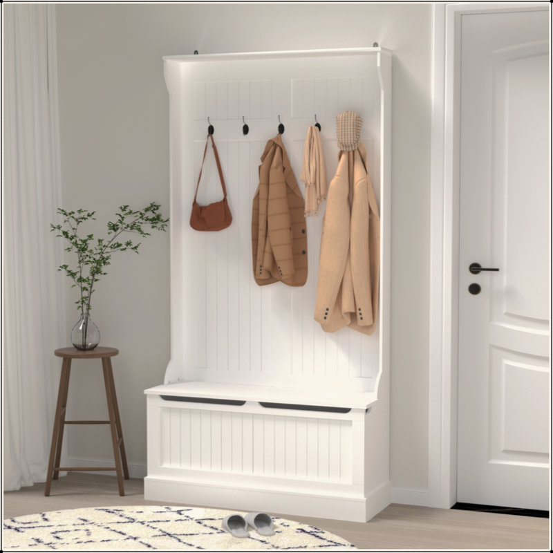Entryway Bench With Standing Coat Rack, Hall Tree With Shoe Storage Bench, Entryway Organizer With 5 Hooks