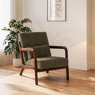 Fauteuil Mid-Century en bois massif, revêtement en sherpa doux avec support lombaire pour le salon