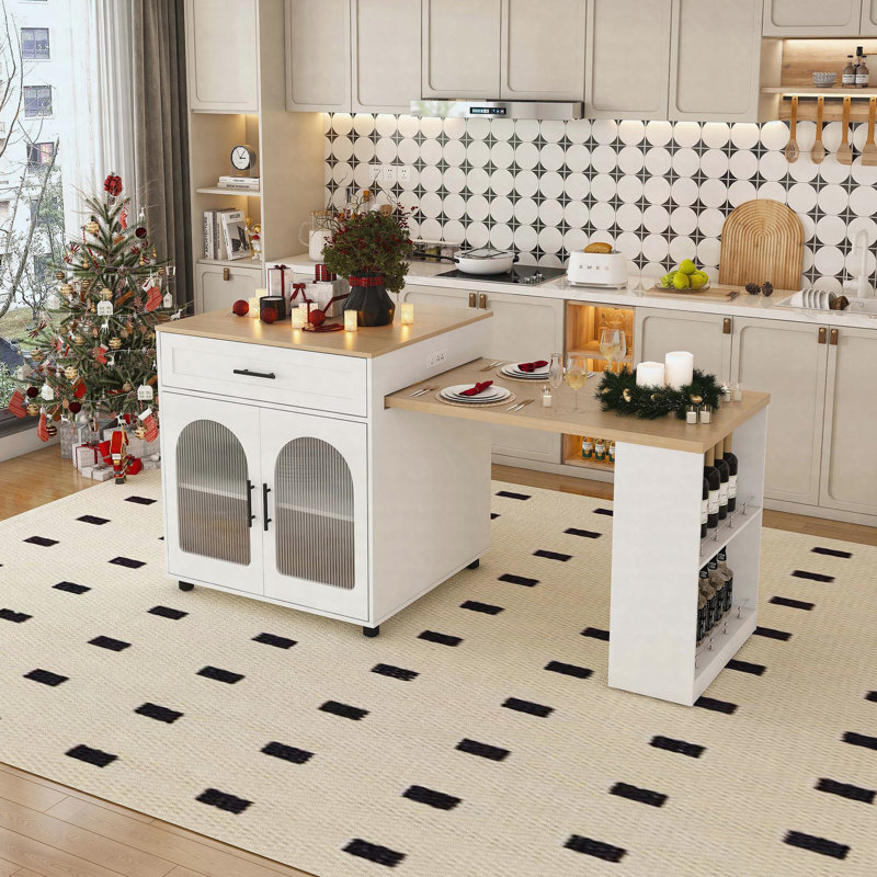 80-inch Expandable Kitchen Island with Dining Table, Solid Wood Grain Countertop with Power Outlet, Mobile Storage Cart with Cabinet & 2 Drawers, Kitchen Prep Table(White)