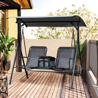 Grey 2 Patio Swing, Canopy Swing With Storage Table, Cup Holder, Adjustable Shade, Heavy-Duty Steel Frame, 528 Lbs Capacity Steel,