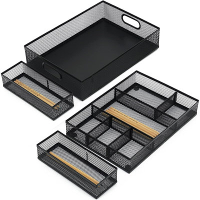 4‑Pack Black Metal Mesh Desk Drawer Organizer, Adjustable Dividers, Stackable Pen Office Supplies Storage Caddy